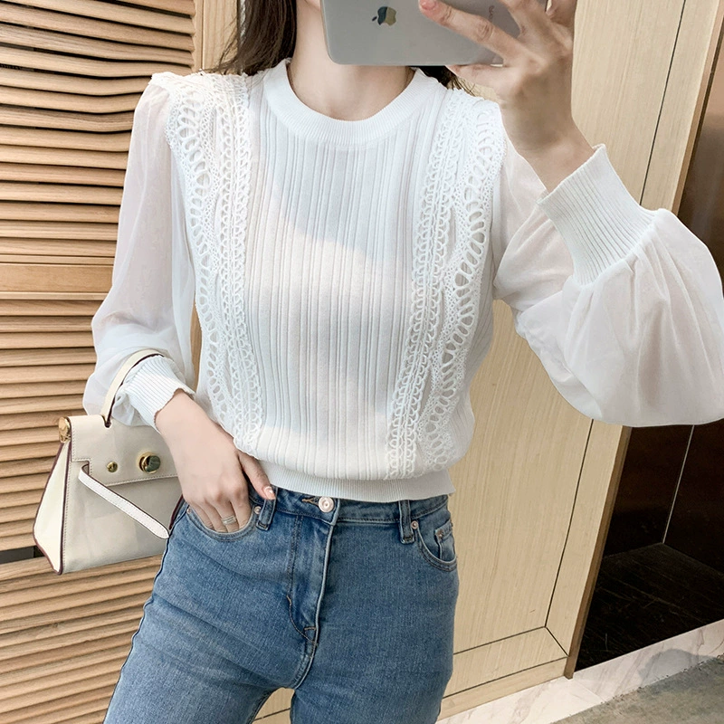 Шифоновый лоскутный трикотаж для женщин, новинка весны 2022, короткая пышная трикотажная рубашка с длинными рукавами, тонкий топ