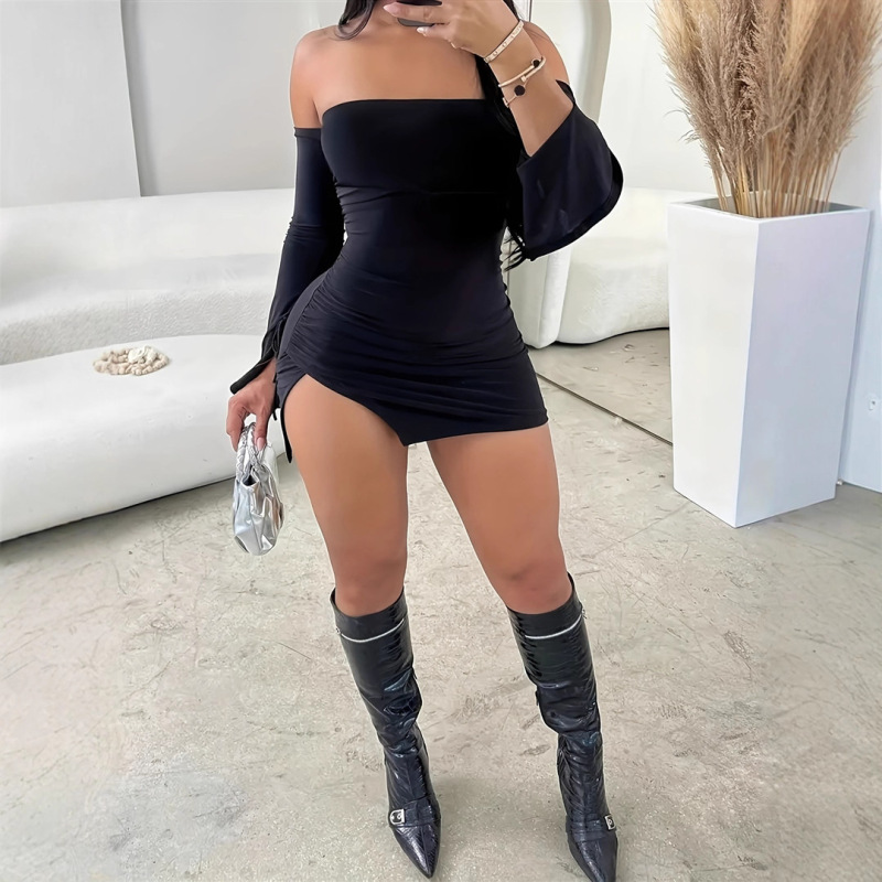 Cross-Border European and American Foreign Trade Women's Clothing Skirt Sexy Hot Girl Off-Shoulder Slit Bodycon Dress Slim Fit