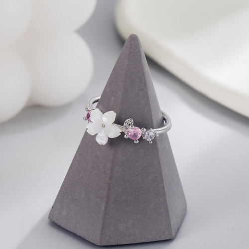 Shell cherry blossom temperament ring for women niche design small fresh diamond inlaid simple Korean version sweet forest style hipster fashion