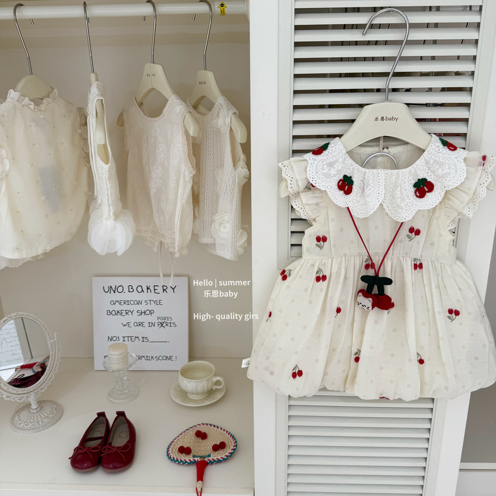[Le En baby] Vestido de princesa dulce para niña de verano Vestido de cereza con cuello de muñeca de estilo occidental Vestido de chaleco lindo