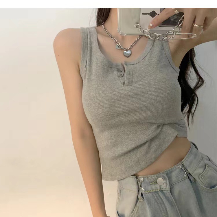 Women's Slim Fit Tank Top With Button Detail Sleeveless Summer Vest_voghion.com