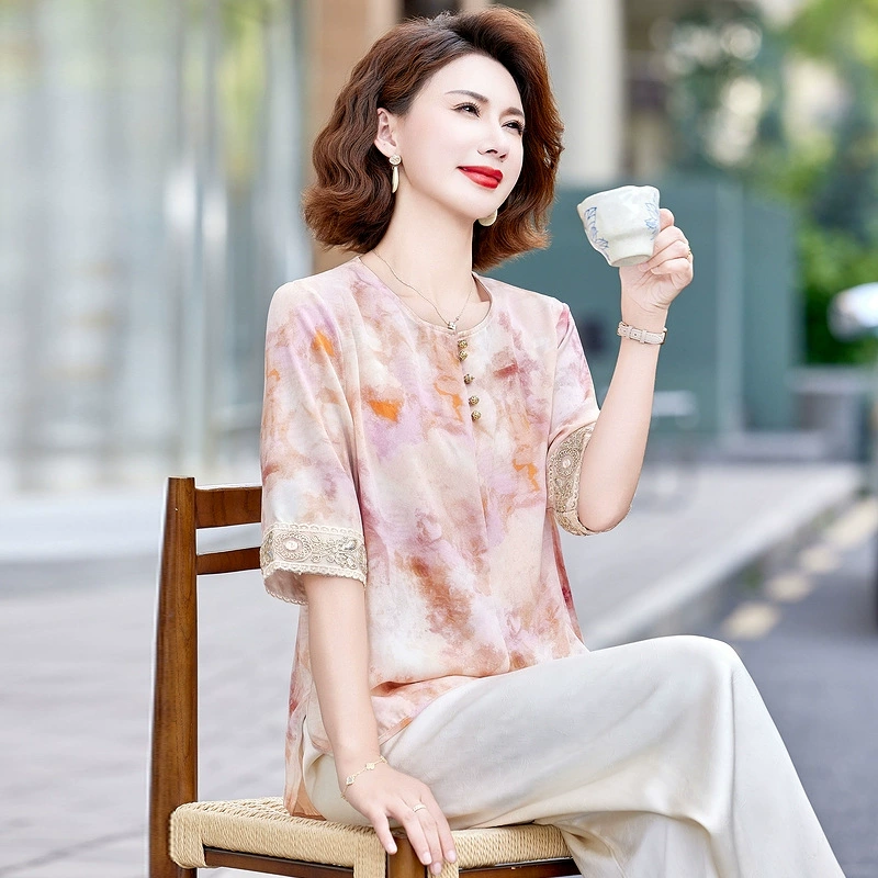 Летняя новая стильная свежая и модная женская одежда для женщин среднего и пожилого возраста, повседневная дышащая женская рубашка со средним рукавом с круглым вырезом для мам