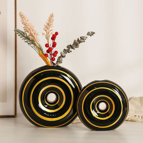European-style minimalist black and white striped ceramic vase decorative round mouth flower holder creative living room dining room soft decoration item