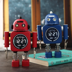 デジタルディスプレイメタルロボットナイトライト目覚まし時計インテリジェント学生男の子と女の子子供の寝室のベッドサイド温度計