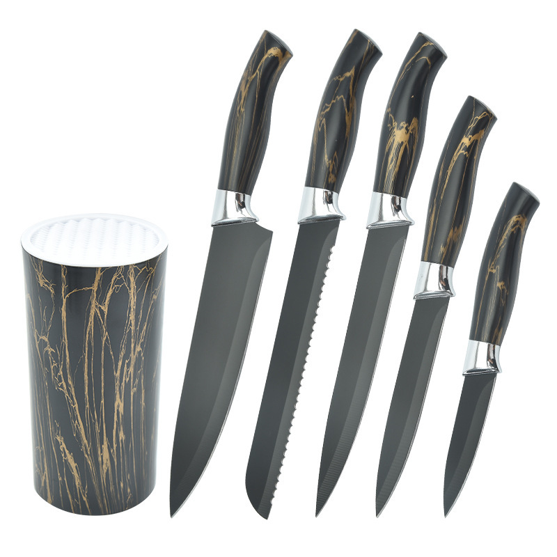 Nuevo cuchillo antiadherente de acero inoxidable estilo occidental cubierto de mango 6 piezas de cuchillo incluido el almacenamiento de cuchillos de cuchillos de cocina de barril al por mayor