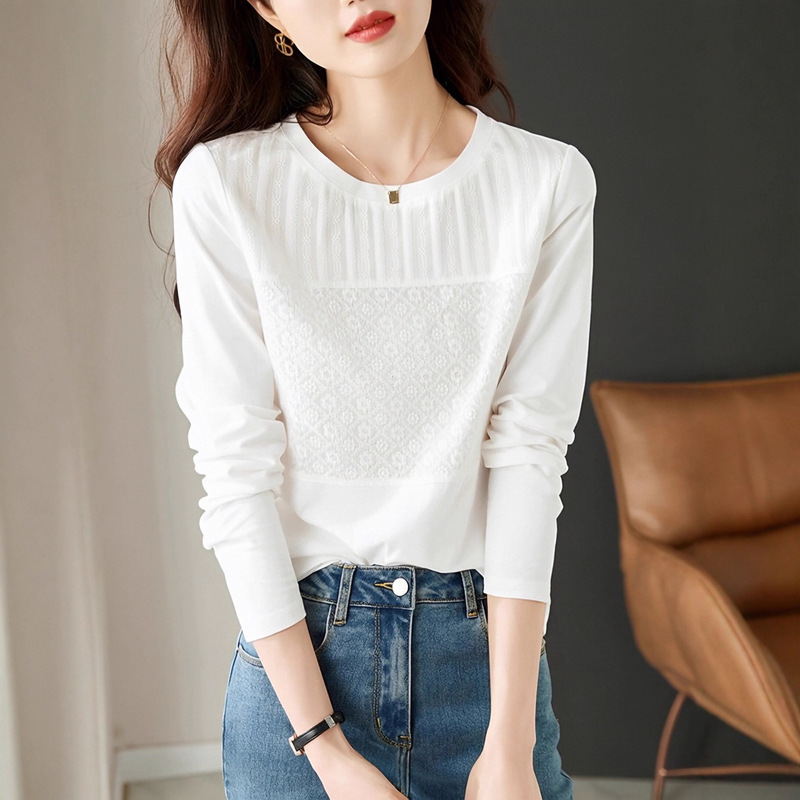 Textured Lace Splicing French Top Long-Sleeved Spring & Fall New Design Niche High-End Versatile T-Shirt for Women