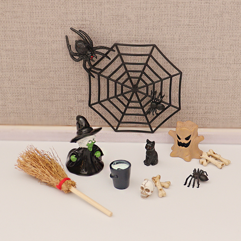 cross-border halloween witch model spider web skull ornaments black cat scene broom mini accessories cross-border halloween witch model spider web skull ornaments black cat scene broom mini accessories