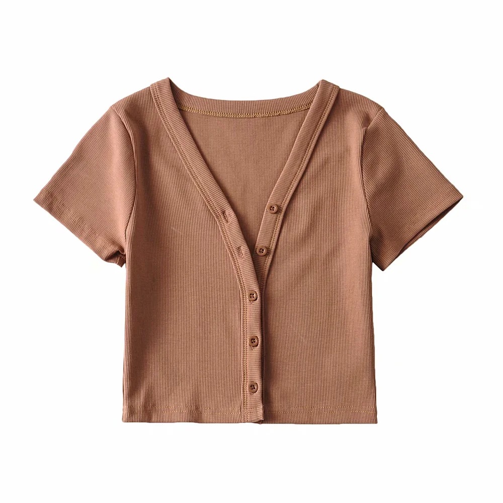 V-neck simple solid color short-sleeved cardigan  NSAC49921