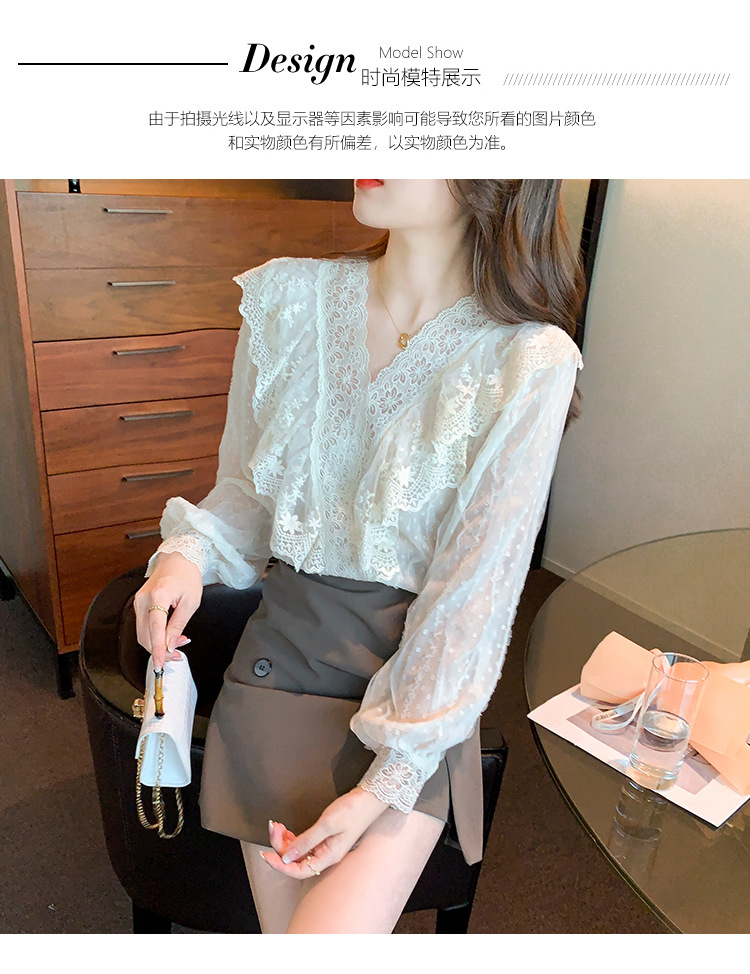 2023春季新款V领荷叶边衬衫女长袖蕾丝衫上衣温柔韩版仙女上衣详情7