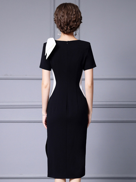 Black and white color block square collar exposed collarbone acetic acid wrapped hip skirt 2024 summer