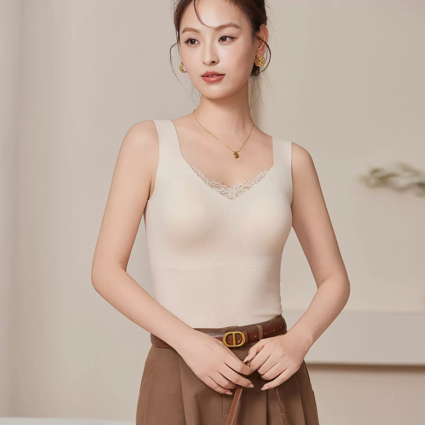 唐格 真丝拉绒羊绒一体固定杯保暖背心 桑蚕丝免穿文胸无痕吊带