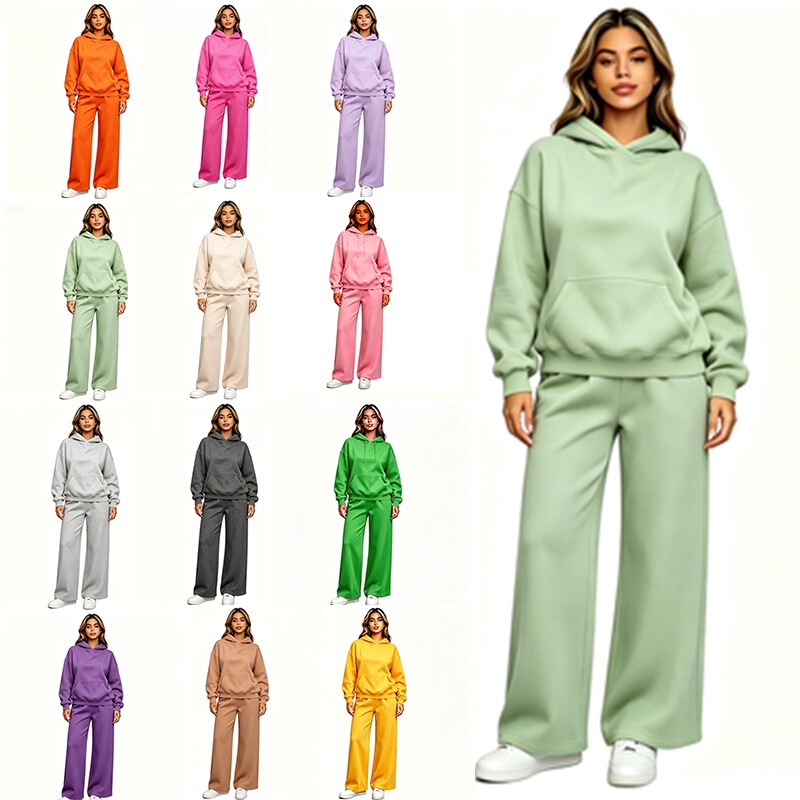 Women's Sports Outdoor Drop-Shoulder Sleeve Oversized Wide-Leg Pants Matching Color Set with Fleece for Autumn and Winter, Loose Fit Sports Set