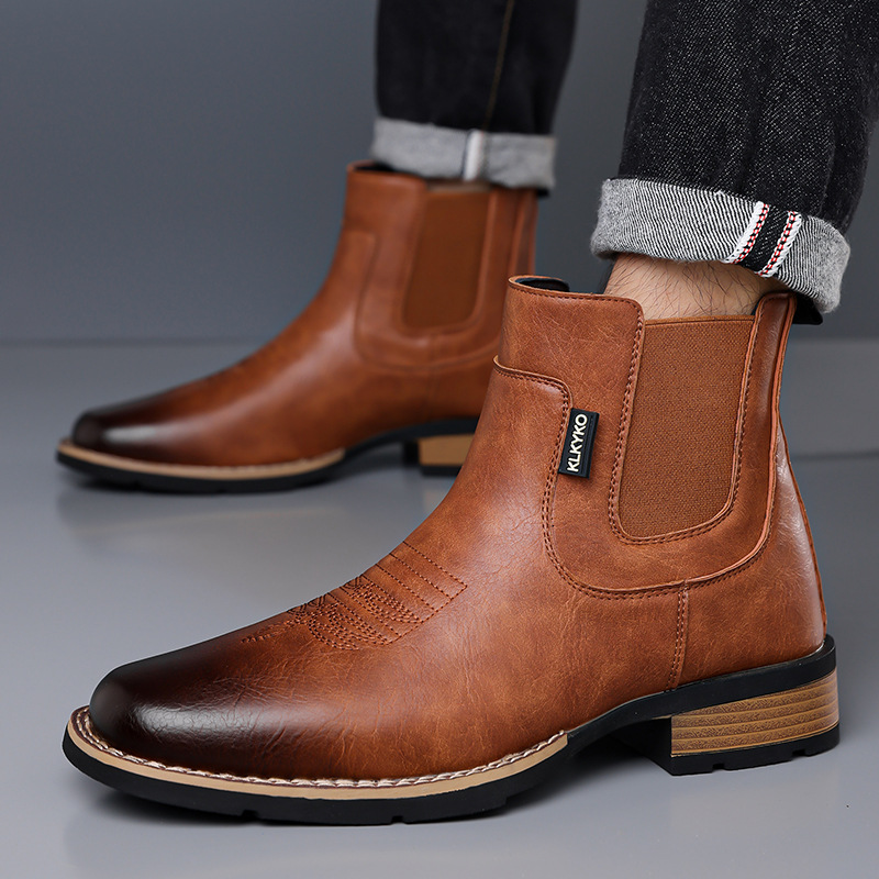 Cross-Border Chelsea Large Size 48 Men's Mid-Calf Boots, Fashionable Faux Leather Men's Boots, Embroidered Slip-On Versatile Men's Shoes