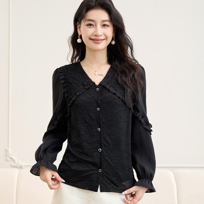 2025秋季新款V领蕾丝衫别致上衣修身显瘦长袖女衬衣9553|undefined