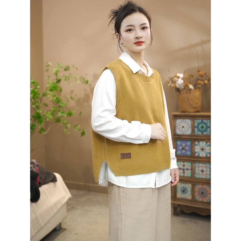 Spring style side-slit cotton knit round-neck pullover vest with label for women, casual versatile layering top 26616