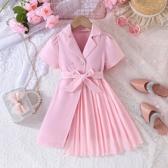 新品ファッションワンピースシフォン系ベルトスーツ泡袖ワンピースkids clothing
