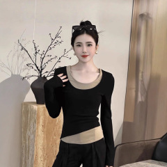 欧货时尚洋气运动休闲上衣女秋冬2025新款假两件设计感打底内搭