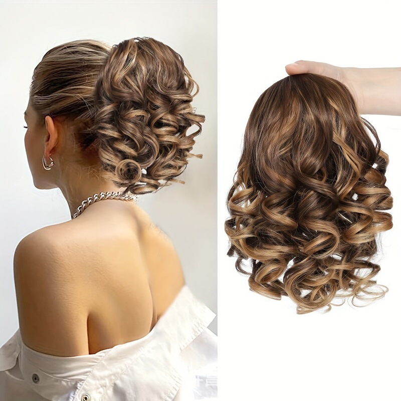 Cross-Border Foreign Trade European and American Women's Wigs Drawstring Short Ponytail Roman Curls Natural Realistic Synthetic Fiber Wavy Ponytail Cross-Border Foreign Trade European and American Women's Wigs Drawstring Short Ponytail Roman Curls Natural Realistic Synthetic Fiber Wavy Ponytail