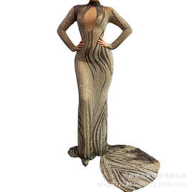 欧美性感水钻包臀鱼尾连衣裙成人模特走秀潮服元旦晚会主持人礼服