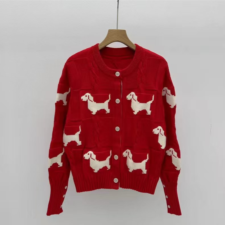 【高品】新型TB高級流行衝突色子犬学院風麻花ニット大赤色セーターカーディガン女