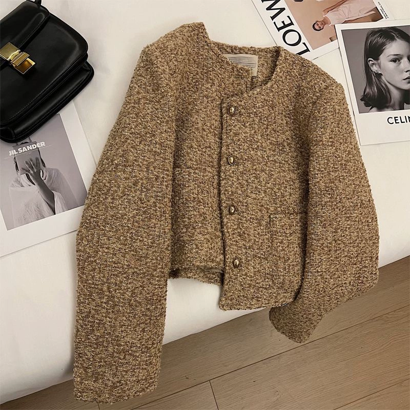 Короткий жакет (женский) — хаки, ретро в стиле Chanel, деми‑сезон, свободная посадка