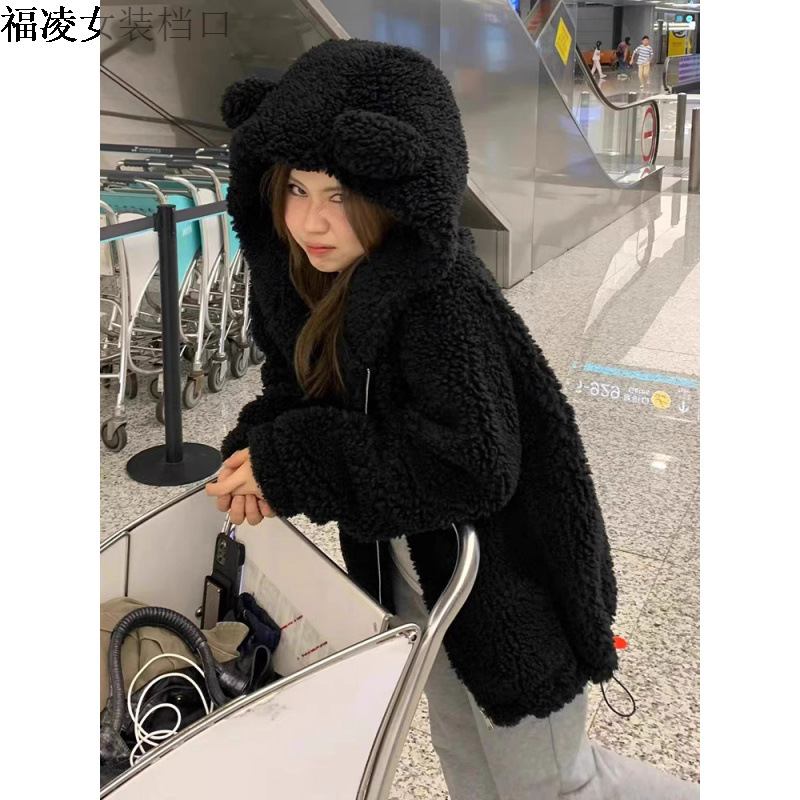 여성용 후드 베어 모피 코트 겨울 새로운 모방 양고기 모피 두꺼운 느슨한 디자인 긴 소매 탑 귀여운