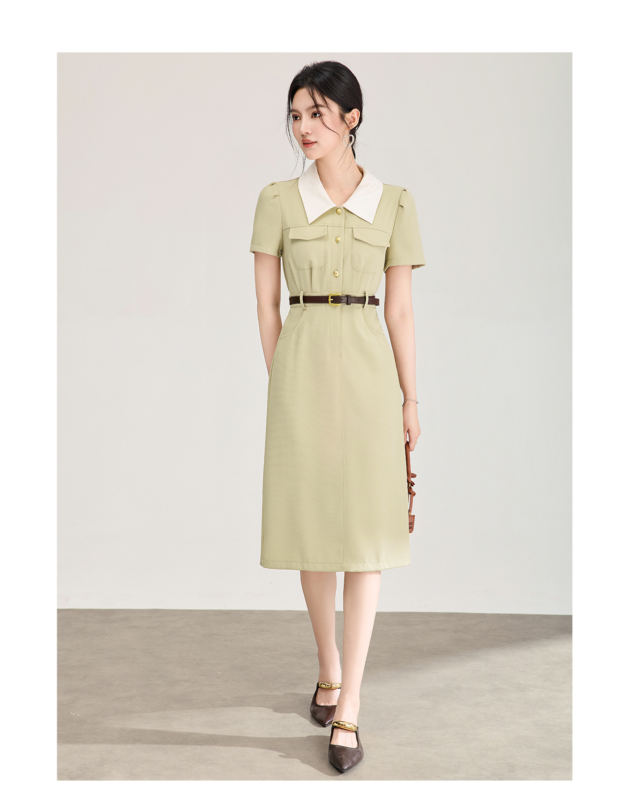 Đầm dài cổ sơ mi phong cách vintage nữ tay ngắn dáng suông — xanh lá cây chi tiết 12