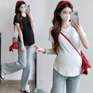 Maternity Summer V-neck Thin Top Fashionable Slimming Loose Belly Covering Joker T-shirt
