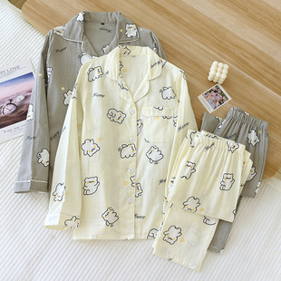 Cotton Double Gauze Couple Pajamas Set Four Seasons Thin Long Sleeve Men's and Women's Loose Cardigan Home Clothes Set