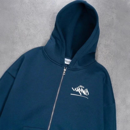 Damenbekleidung, Herren- und Damen-Trendiges Kapuzen-Zip-Jacket mit passender Jogginghose - Streetwear mit 2D-Print (Stahlgrau/Marineblau)_voghion.com