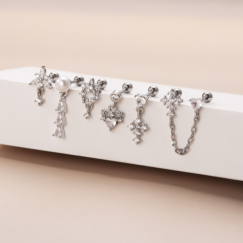 Fashion Style 1 Piece Ear Cartilage Rings & Studs Fashion Heart Shape 316L Stainless Steel Copper Plating Inlay Zircon