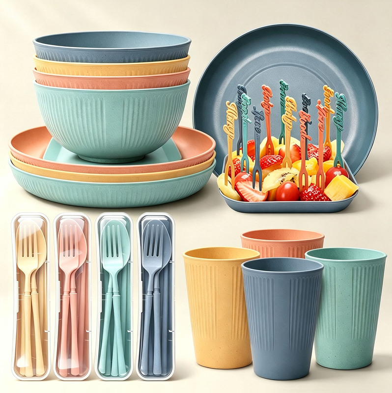 Colorful wheat straw cups, bowls, plates, spoons, and a complete set of cutlery, including a portable knife, fork, spoon, and chopsticks – a gift set for commercial wholesale