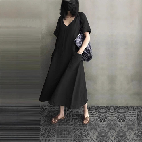 A large number of 2025 summer literary and artistic national style retro women's cotton linen V-neck large swing loose one-piece dresses