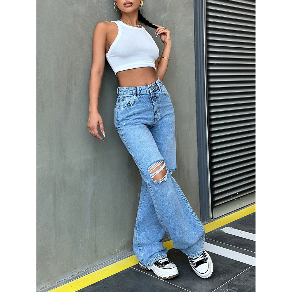 ​​Women's Vintage Ripped Wide Leg Jeans - Distressed High Waist Floor-Length Drape Pants, Retro Loose Fit For Casual & Street Style​​_ecoleips.com