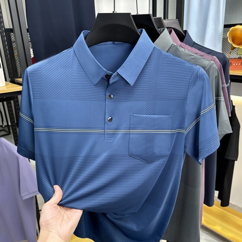 Turn-Down Collar Short-Sleeve Men's T-Shirt, Summer Thin Striped Pocket Design, Loose Fit, High Elasticity, Breathable, Versatile Polo for Middle-Aged and Elderly Men Turn-Down Collar Short-Sleeve Men's T-Shirt, Summer Thin Striped Pocket Design, Loose Fit, High Elasticity, Breathable, Versatile Polo for Middle-Aged and Elderly Men