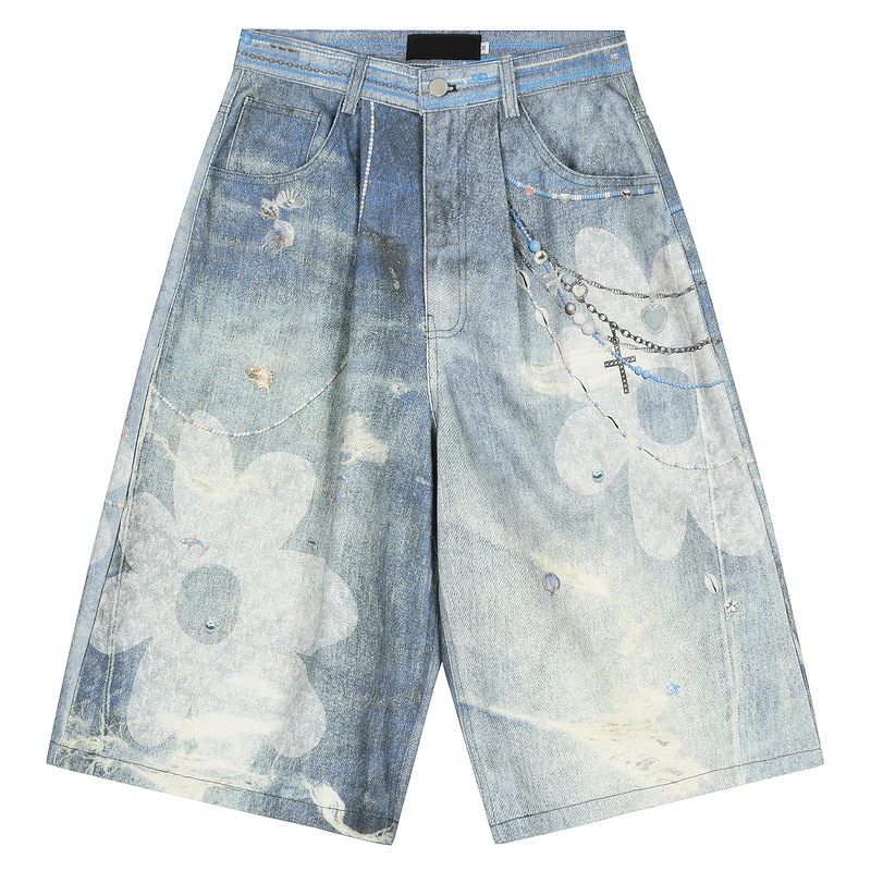 Guangzhou Clothing Store Men's American High Street Vibe Pendant Printed Denim Cropped Pants Unisex Trendy Brand Loose Wide-Leg