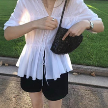 现韩国东大门ounce褶皱系带衬衫韩系女装甜美少女感v领显瘦衬衣女