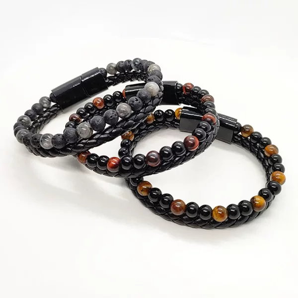 Cross-border Special for Volcano Tiger Eye Beaded Natural Stone Bracelet Men's Cowhide Rope Bracelet Bracelet European and American Style Hand Jewelry