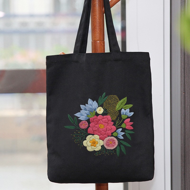 Hecho a mano DIY cinta bordada bolsa de lona Lu bordado solo hombro bolso tridimensional bordado flor lienzo mujer bolsa grande
