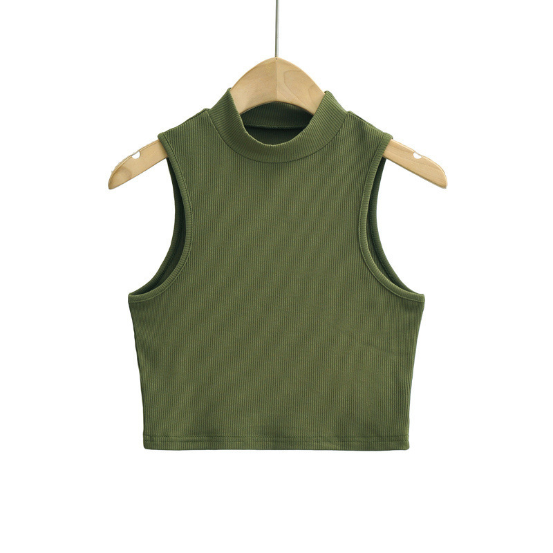 European and American Style Small High Neck Threaded Elastic High Waist Chest Display Outer Wear Short Navel Leaky Tight Sleeveless Vest Top for Women