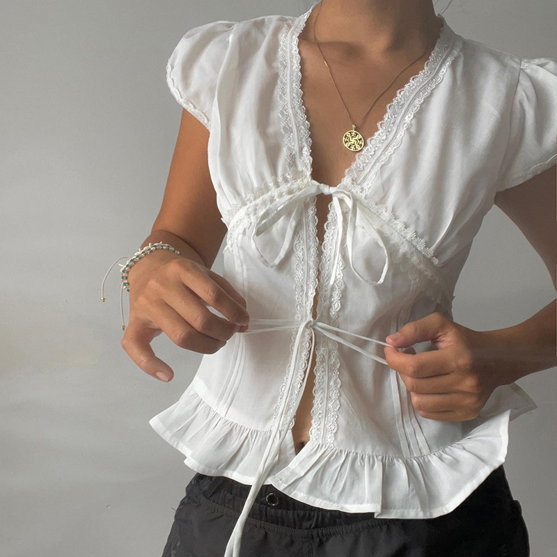 French Lace Lace V Neck Short-Sleeved Shirt for Women White Lace Loose Slimming Look Pure Lust Hot Girl Top Short Style