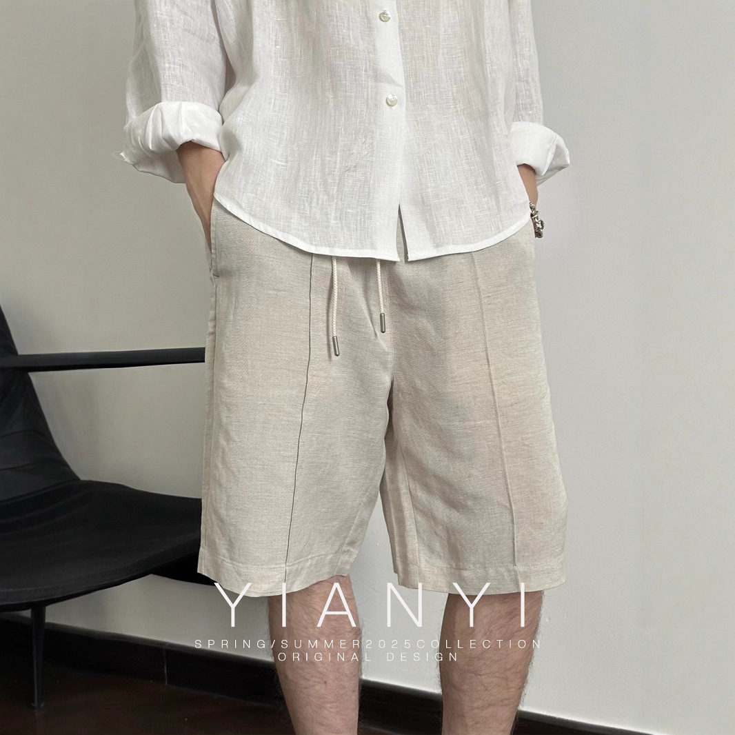 EME 남성복 여름 린넨 레트로 휴양지 스타일 텍스처드 실루엣 캐주얼 스트레이트 드레이프 얇은 반바지