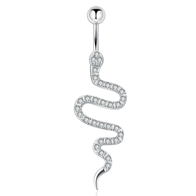 Snake-shaped Belly Button Ring With Diamonds Body Piercing Jewelry_voghion.com