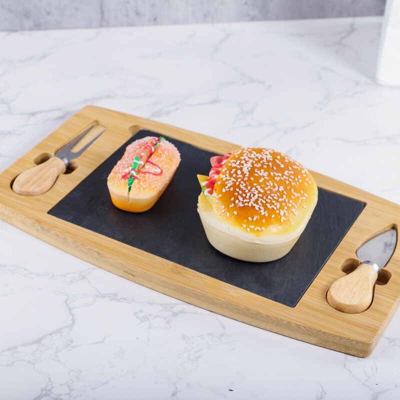Slate Set Detachable Factory Wholesale Creative Black Slate Bamboo Steak Plate Cheese Tableware Set Bamboo Tray
