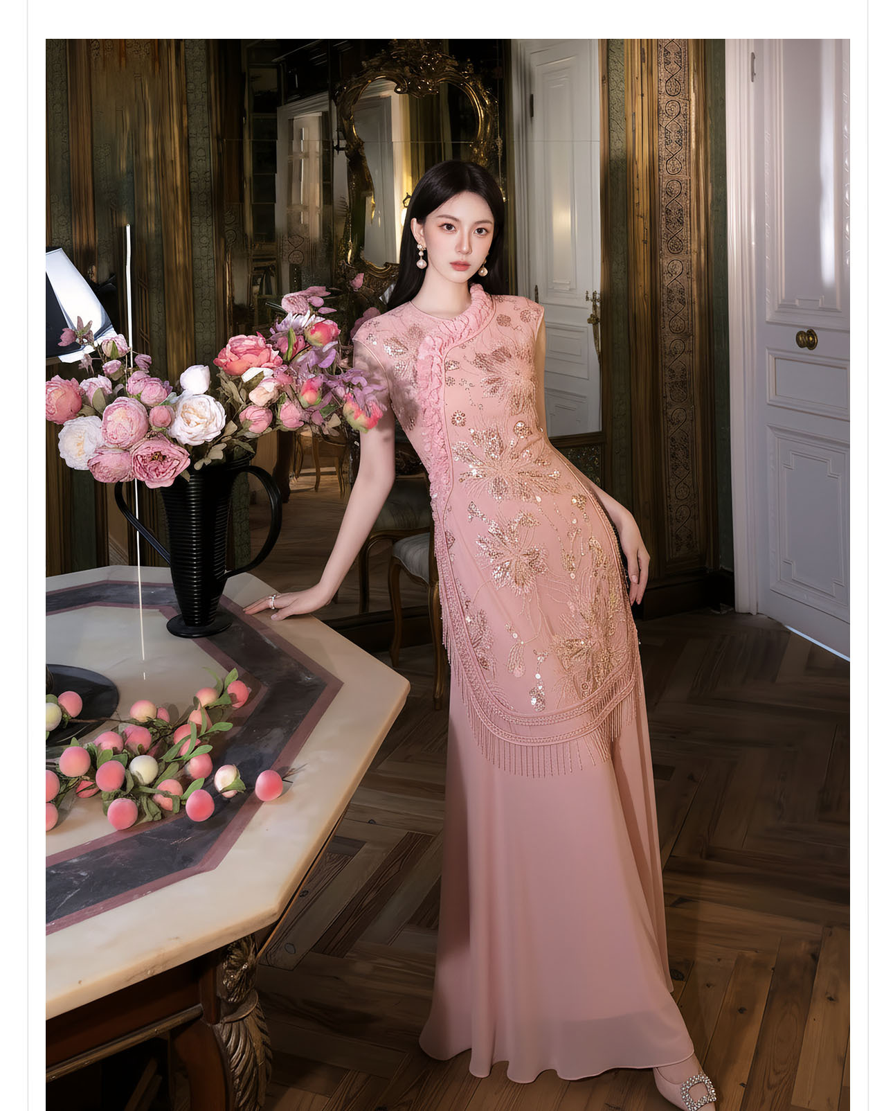 Đầm maxi nữ thắt eo thiết kế hoa nổi thêu ren cao cấp — màu hồng chi tiết 9