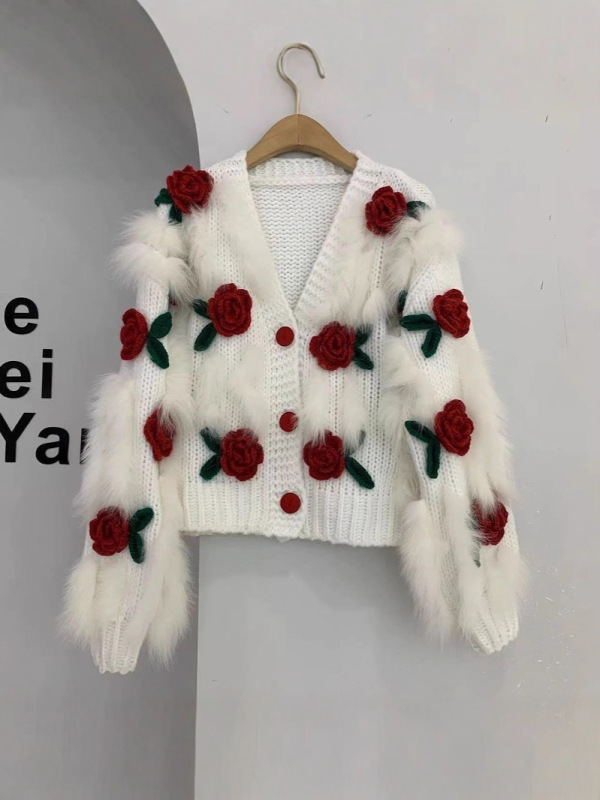 2025 秋冬新スタイル多用途で優しく着やすいソフトワックスセーター刺繍立体ローズニットカーディガントップ女性用|undefined