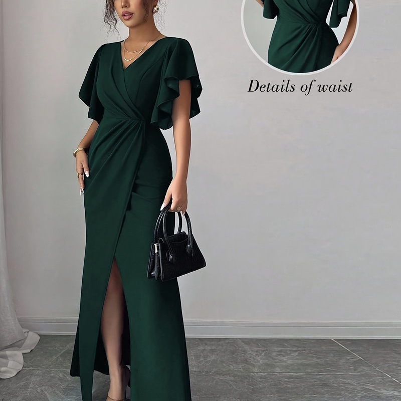 Women's Elegant Romantic Ruffle Sleeve V-Neck Waist Slimming Slit Hem Long Dress Suitable for Dates