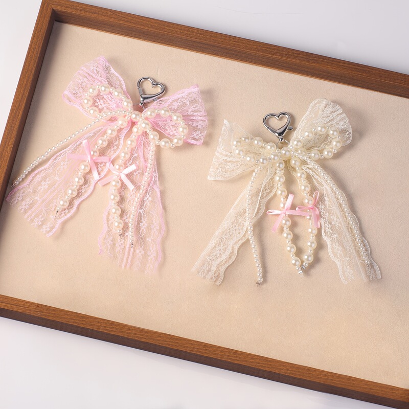 Korean Style Ins Niche Imitation Pearl Lace Bow Hanging Fashion High Texture Bag Car Keychain Pendant