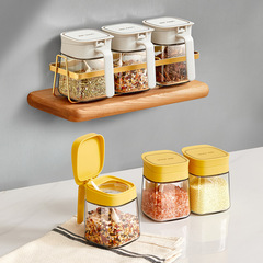 Glass Cover Spice Jar, Lidded Spice Box Salt Jar, Household with Spoon Condiment Bottle, Wall Mountable Kitchen Spice Jar Set