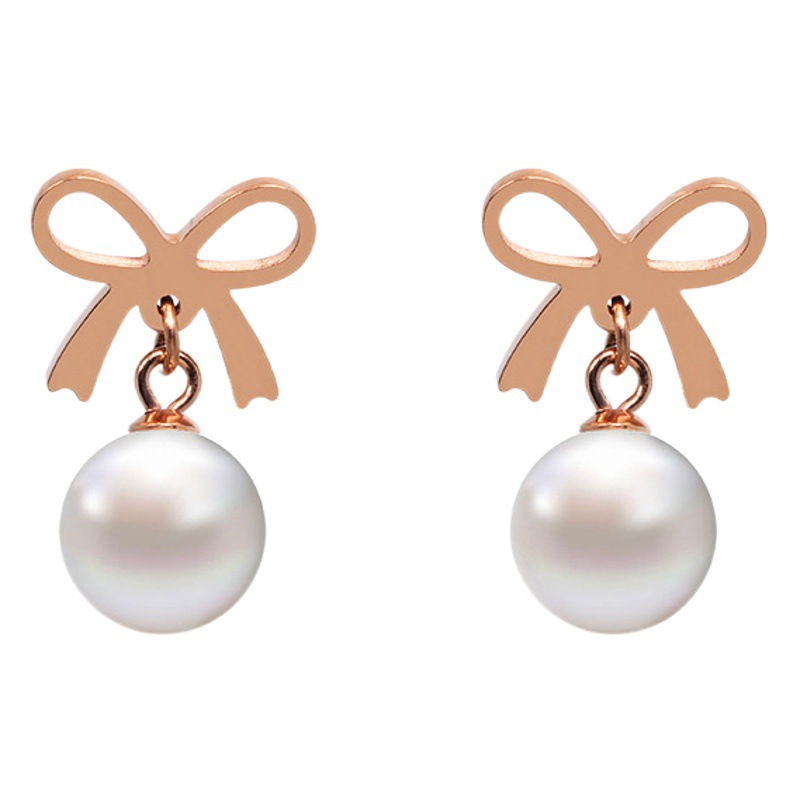 Japonés y coreano elegante moda arco hueco perla Stud pendientes de moda femenina de acero de titanio no se desvanece la joyería del oído transmisión en vivo